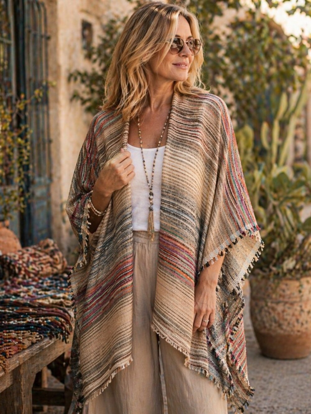 Boho Serape-Inspired Open Weave Wrap – Neutral Striped Fringe Shawl
